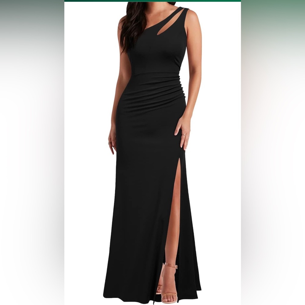 NWT WOOSEA One Shoulder Split Black Bodycon Mermaid Cocktail Maxi Dresss, Large